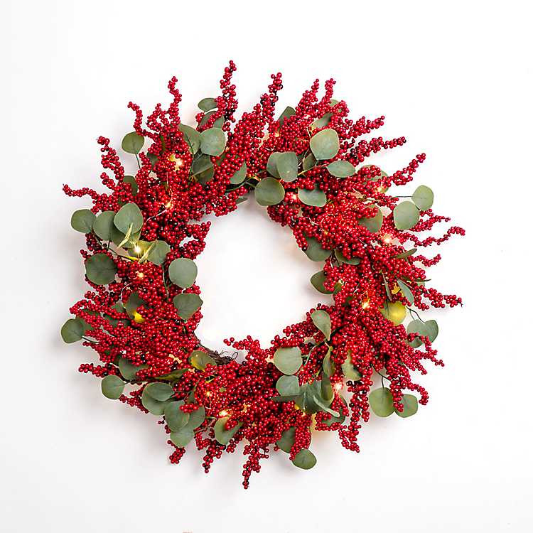 Pre-lit Red Berry and Eucalyptus Wreath | Kirkland's Home