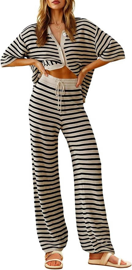 Tankaneo Womens Knit 2 Piece Lounge Sets Striped Short Sleeve Tops and Wide Leg Pants Travel Airp... | Amazon (US)