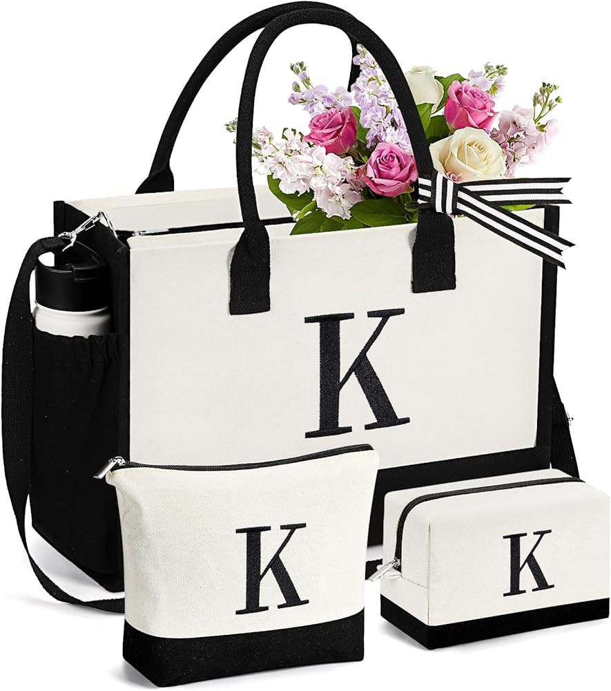mibasies 1 Embroidered Initial Canvas Tote Bag with 2 Makeup Bags Set, Birthday Gifts for Women | Amazon (US)