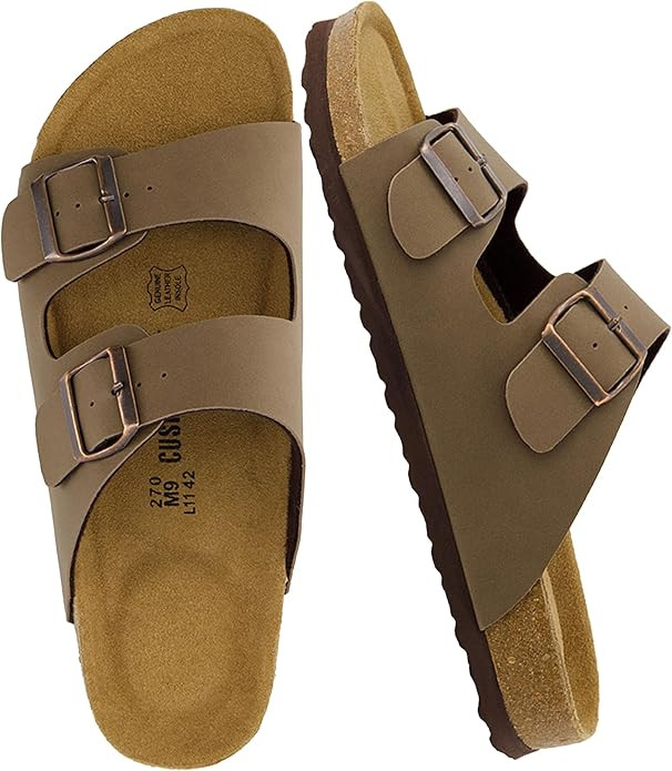 CUSHIONAIRE Lane Cork Footbed Mens Sandals, Adjustable Buckle Comfort Slides for Men, Genuine Lea... | Amazon (US)