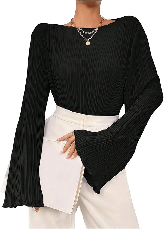 MakeMeChic Women's Bell Sleeve Boat Neck Lettuce Trim Textured Blouse Shirt Tops | Amazon (US)