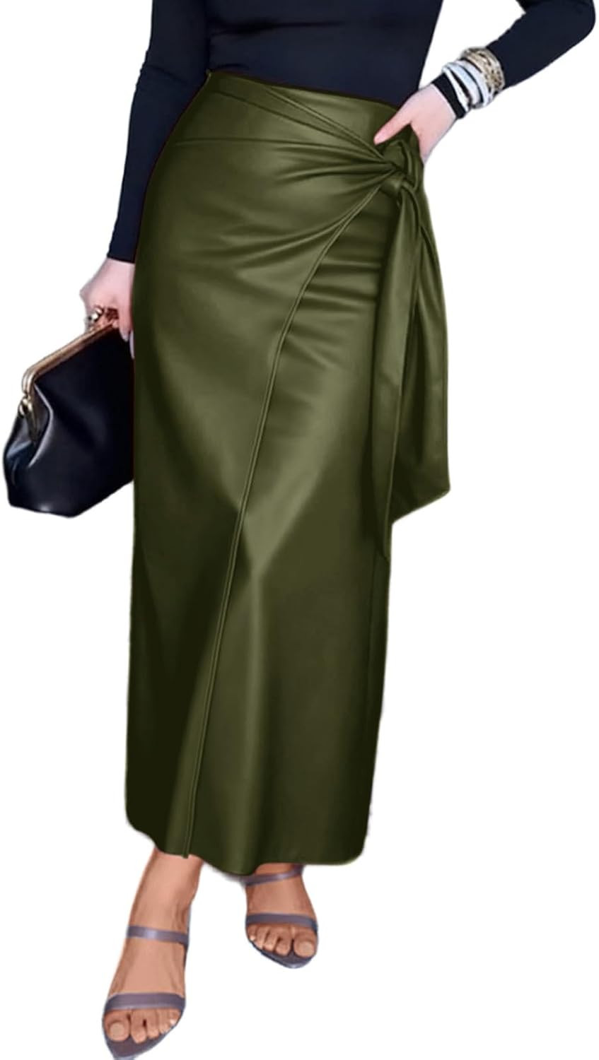 Women's Long Faux Leather Skirt Fall Wrap High Waisted Zip Up Side Slit Pencil Skirt | Amazon (US)
