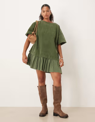 ASOS DESIGN Curve cord hybrid t-shirt mini dress in washed olive | ASOS | ASOS (Global)