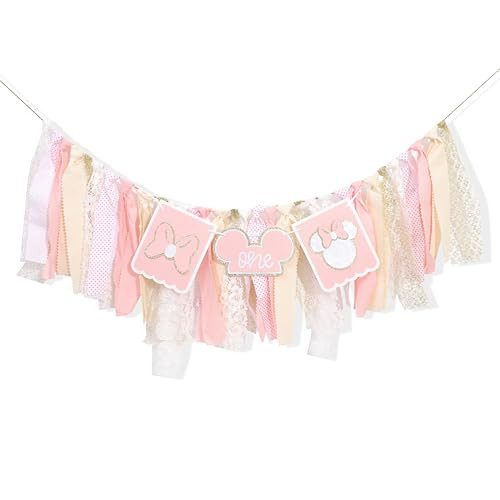 WAOUH Minnie One Birthday Banner - Minnie Mouse Party Decorations,Pink And Gold Minnie High Chair Banner,Girls 1st Birthday Photo Props,Minnie First Smash Cake Highchair Banner | Amazon (US)