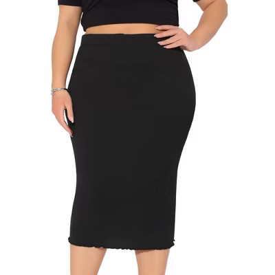 Agnes Orinda Women's Plus Size Ribbed Textured Elastic High Waist Office Midi Bodycon Skirt Black 1X | Target