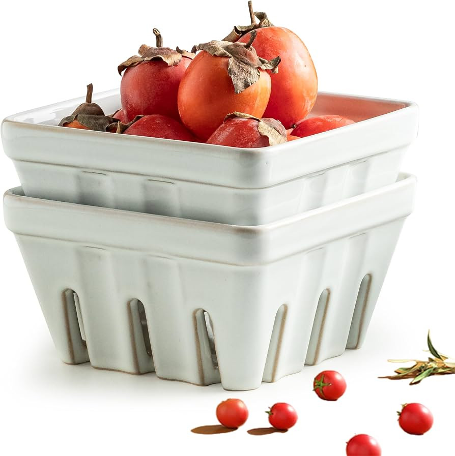 Gomakren Fruit Bowl with Holes, Ceramic Berry Basket Set of 2, 5.7 Inch Square Fruit Basket for K... | Amazon (US)