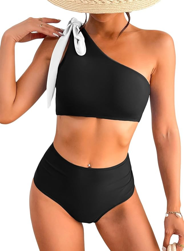 Herseas Womens Bikini Sets 2 Piece One Bow-Shoulder Swimsuit Ruched Bathing Suit | Amazon (US)