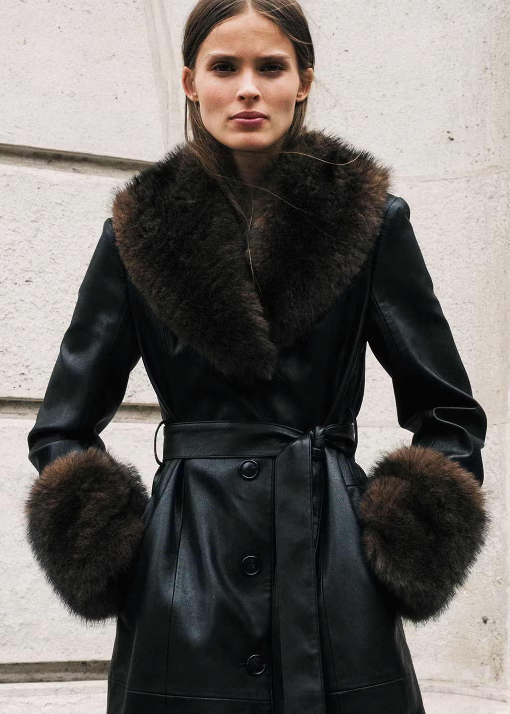 Faux-leather coat with fur-effect trim black - Women - M - MANGO | Mango (US/MX/AU)