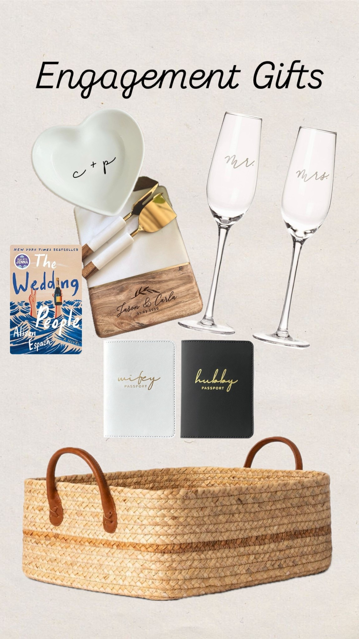 Engagement gifts
Champagne flutes
Passport covers 
Book
Ring dish
Cutting board
Charcuterie board
Gift basket 

#LTKFindsUnder50 #LTKGiftGuide #LTKWedding