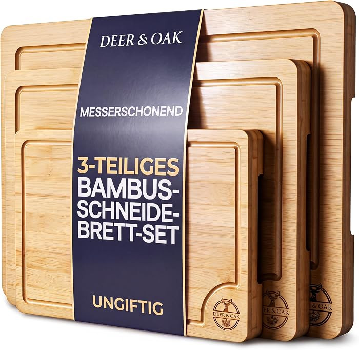 Deer & Oak Schneidebrett Holz Bambus Set 3-teilig, vorge\u00f6lt mit Saftrille | Amazon (DE)