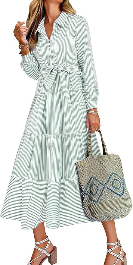 Caracilia Women Long Sleeve Maxi Dress 2026 Spring Casual Button Down Striped Plaid Tie Waist Shi... | Amazon (US)