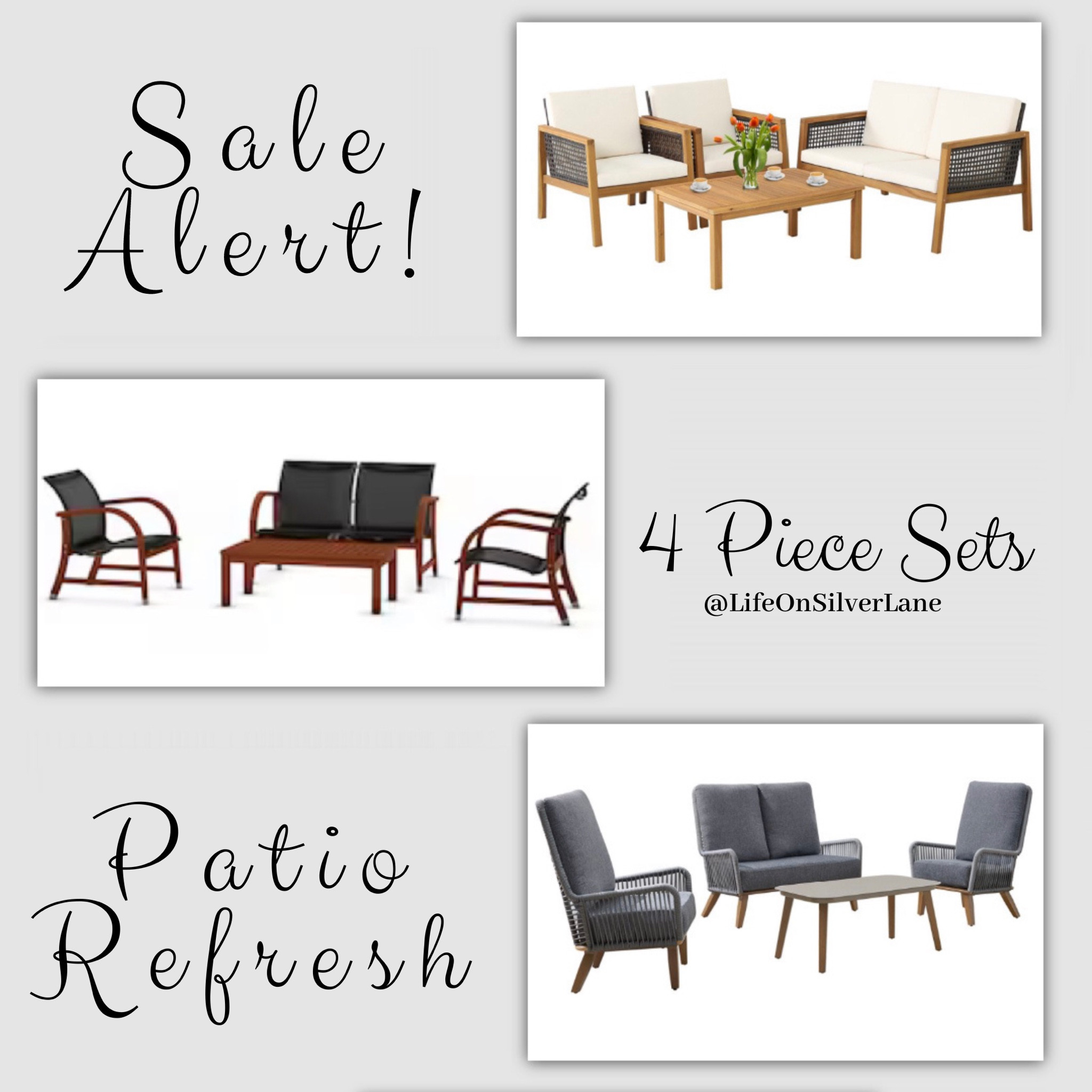 Spring is coming and it is time to start planning for outdoor living in style!
~Sale Alert~
These 4 piece patio sets are all on sale.
#salealert #outdoordecor #outdoorliving #patio #porch #patiofurniture #patiochairs #LTKspring #lifeonsilverlane

#LTKSale #LTKSeasonal #LTKhome #LTKsalealert
