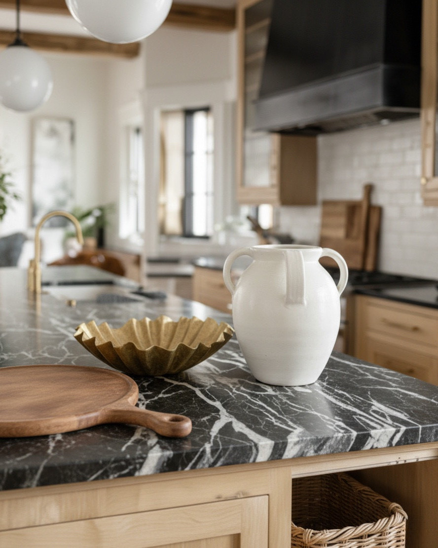 A warm, inviting kitchen that blends natural textures with modern refinement. The light oak cabinetry sets the tone with its soft, organic grain and matte finish, paired beautifully with the rich charcoal and white veined stone countertop that adds depth and quiet drama.

Exposed reclaimed wood ceiling beams introduce an earthy architectural layer that feels cozy and timeless, while the white globe pendants keep the lighting fresh and airy. The contrast between the rustic beams and the clean, modern lighting creates a perfect balance.

Along the island, the upholstered counter stools in soft cream with black metal frames add a structured, contemporary touch without overwhelming the warm palette. The woven baskets tucked into the open shelving bring in texture and natural charm.

The matte black range hood becomes a subtle statement piece, grounding the space alongside the warm-toned subway tile backsplash that adds texture without taking attention away from the cabinetry and stone.

Every detail works together—warm neutrals, natural woods, layered textures—to create a kitchen that feels calm, elevated, and effortlessly livable.

✨ Shop the look:
Light oak cabinetry | Charcoal veined stone island | Cream upholstered stools | Woven storage baskets | White globe pendant lights | Matte black range hood | Warm subway tile backsplash | Natural runner rug | Brass kitchen fixtures

#LTKsale #LTKhome #LTKstyletip