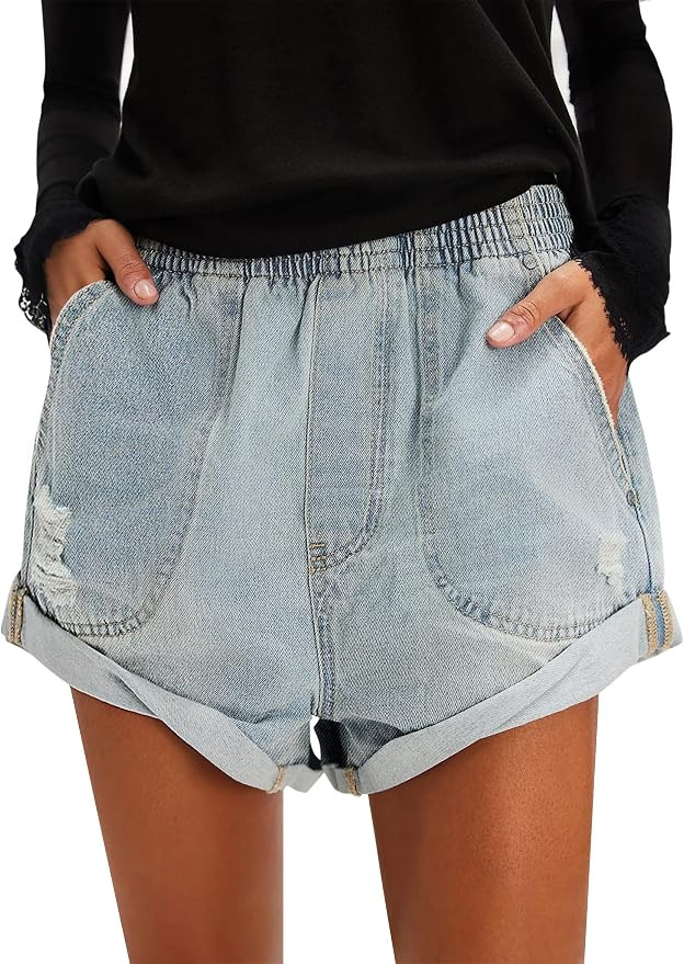Qazel Vorrlon Jean Shorts for Women High Waisted Elastic Stretchy Denim Jorts Baggy Distressed Ri... | Amazon (US)