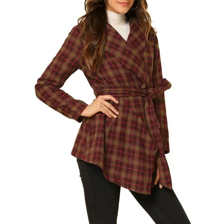 INSPIRE CHIC Women s Turn Down Collar Asymmetric Hem Plaids Thin Wrap Coat XL Dark Red | Walmart (US)