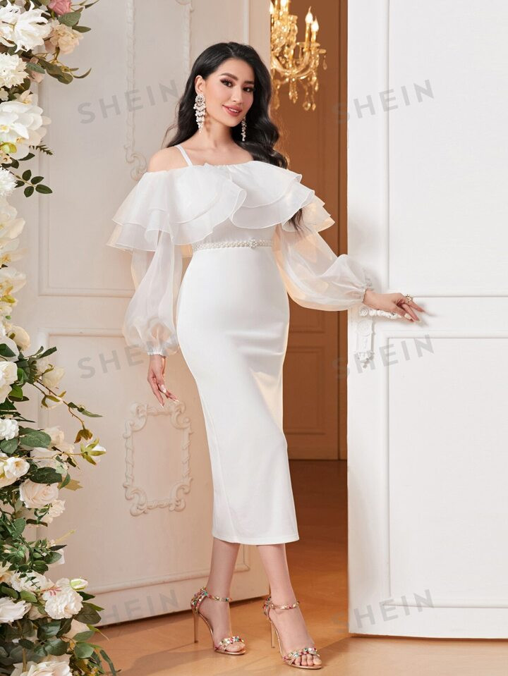 SHEIN Modely Cold Shoulder Ruffle Trim Lantern Sleeve Split Back Dress | SHEIN