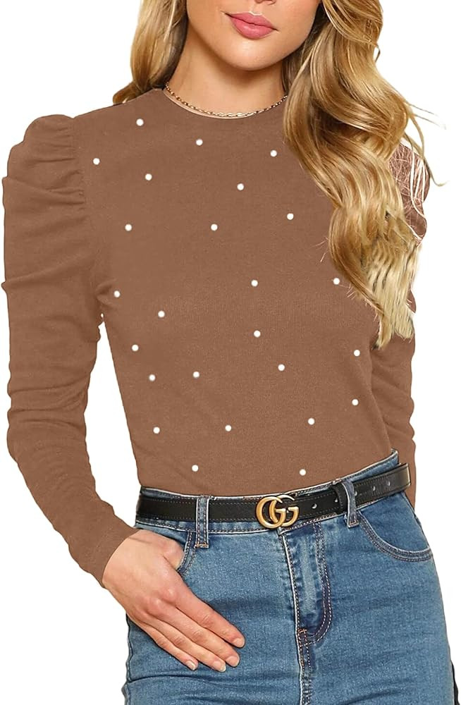 Remidoo Women's Solid Round Neck Puff Long Sleeve Slim Fit T Shirt Tops | Amazon (US)