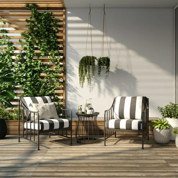 Better Homes & Gardens Aubrey 3-Piece Outdoor Steel Stationary Chat Set, Stripe Color Cushion | Walmart (US)
