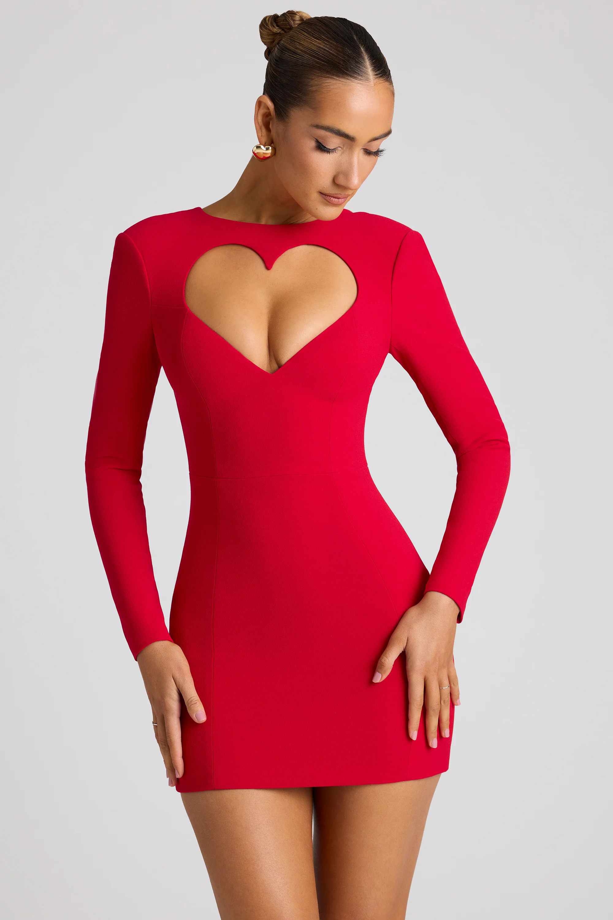 Heart Cut Out Long Sleeve Mini Dress in Fire Red | Oh Polly