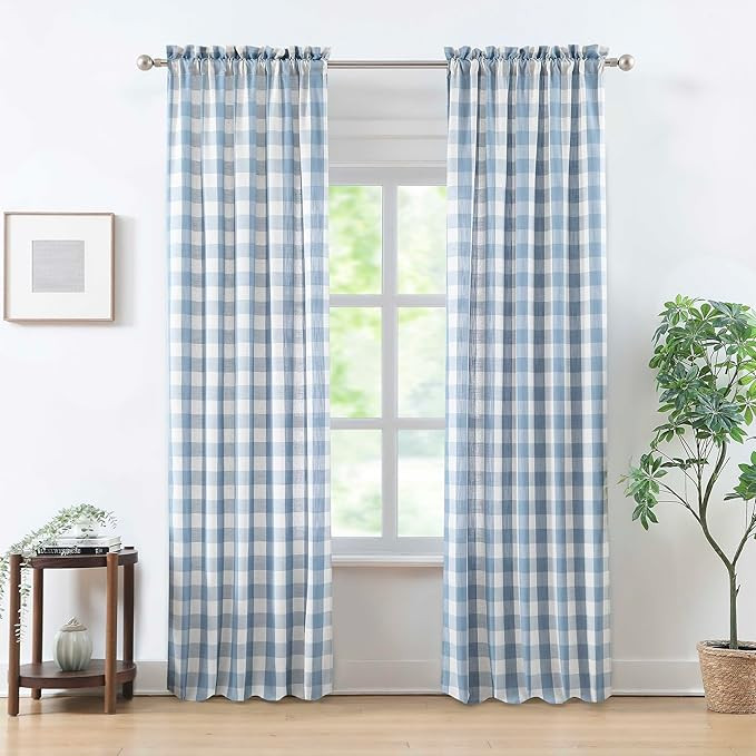 Buffalo Plaid Semi Sheer Curtains 84 Inches Long,Beige-Dusty Blue Buffalo Check Drapes for Bedroo... | Amazon (US)