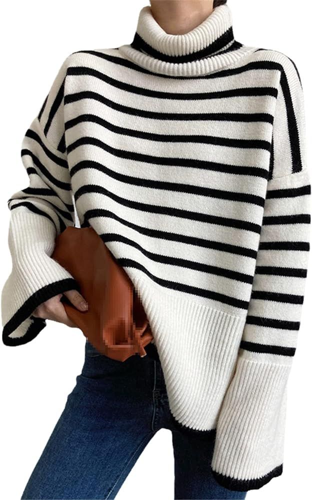 Vintage Turtleneck Striped Women Sweaters Pullovers Autumn Winter Long Sleeve Loose Side Split Fe... | Amazon (US)