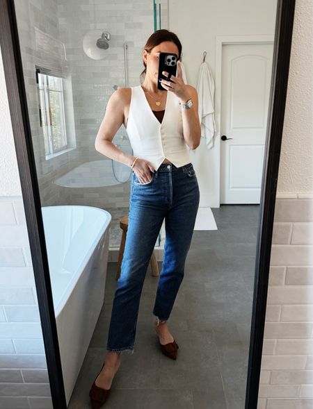 This chic vest is so good for Spring and Summer- would suggest sizing up if bigger busted. Wearing a small and will exchange for a med. my favorite Agolde denim and Amazon slides  

#LTKshoecrush #LTKover40 #LTKfindsunder100