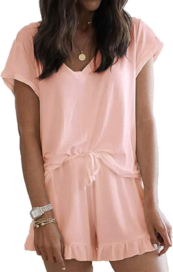 LuckyMore Women's Pajama Short Sleeve Sleepwear Soft Pj Set V Neck Top and Shorts Pajamas Set | Amazon (US)