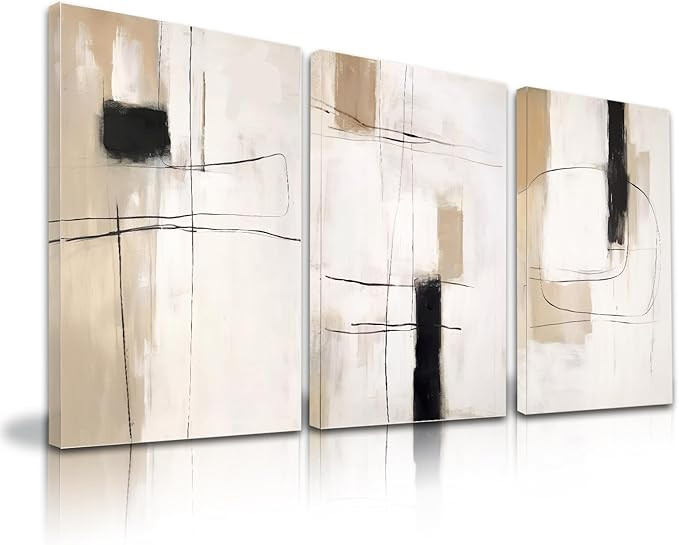 Beige Abstract Wall Art Painting Set Of 3 Neutral Abstract Canvas Wall Art Prints Framed, Black B... | Amazon (US)