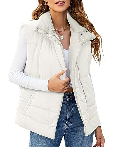 Blooming Jelly Womens Zip Up Puffer Vest Stand Collar Quilted Padded Outerwear Vests With Pockets 2024 (Small, White) | Amazon (US)