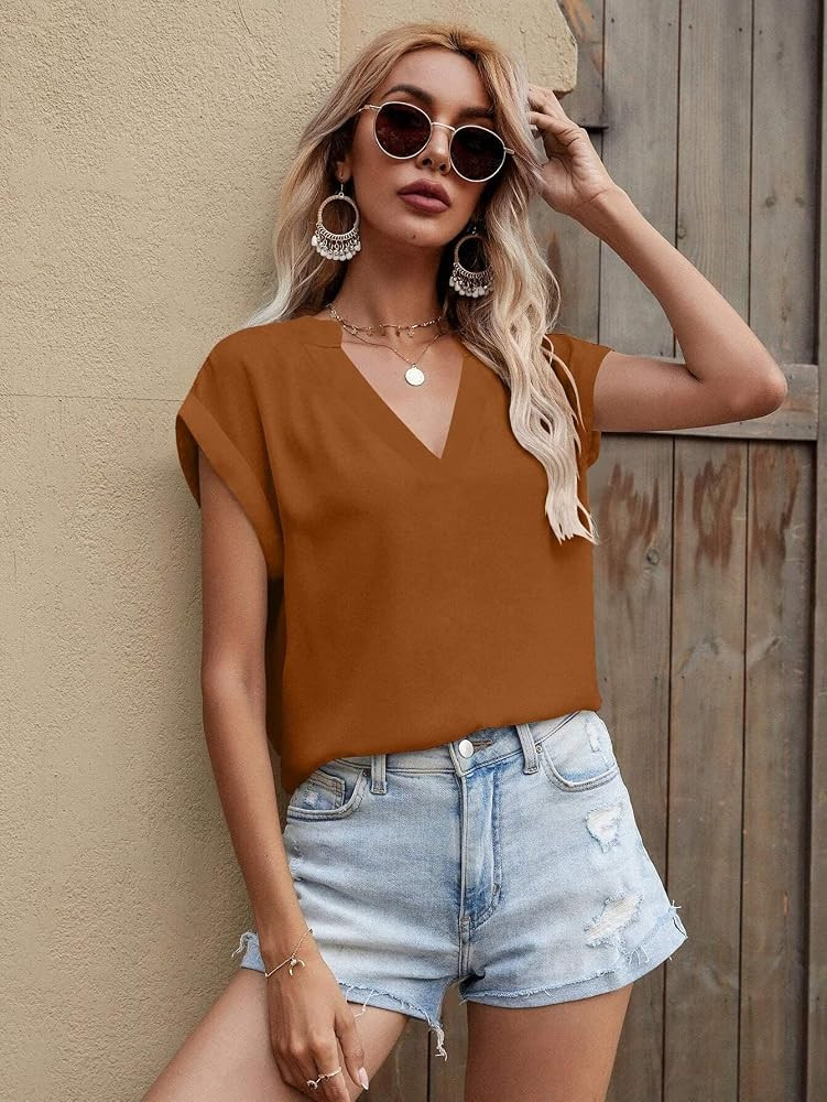 SUNAELIA Women Chiffon Blouse V Neck Short Sleeve Casual Top Shirts for Summer | Amazon (US)