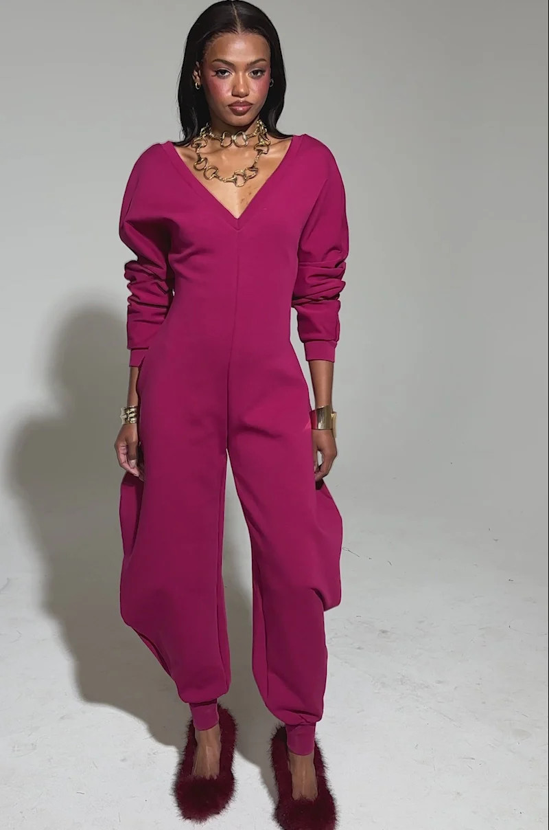 COMFY COZY SWEATSHIRT JUMPSUIT IN PLUM | AKIRA