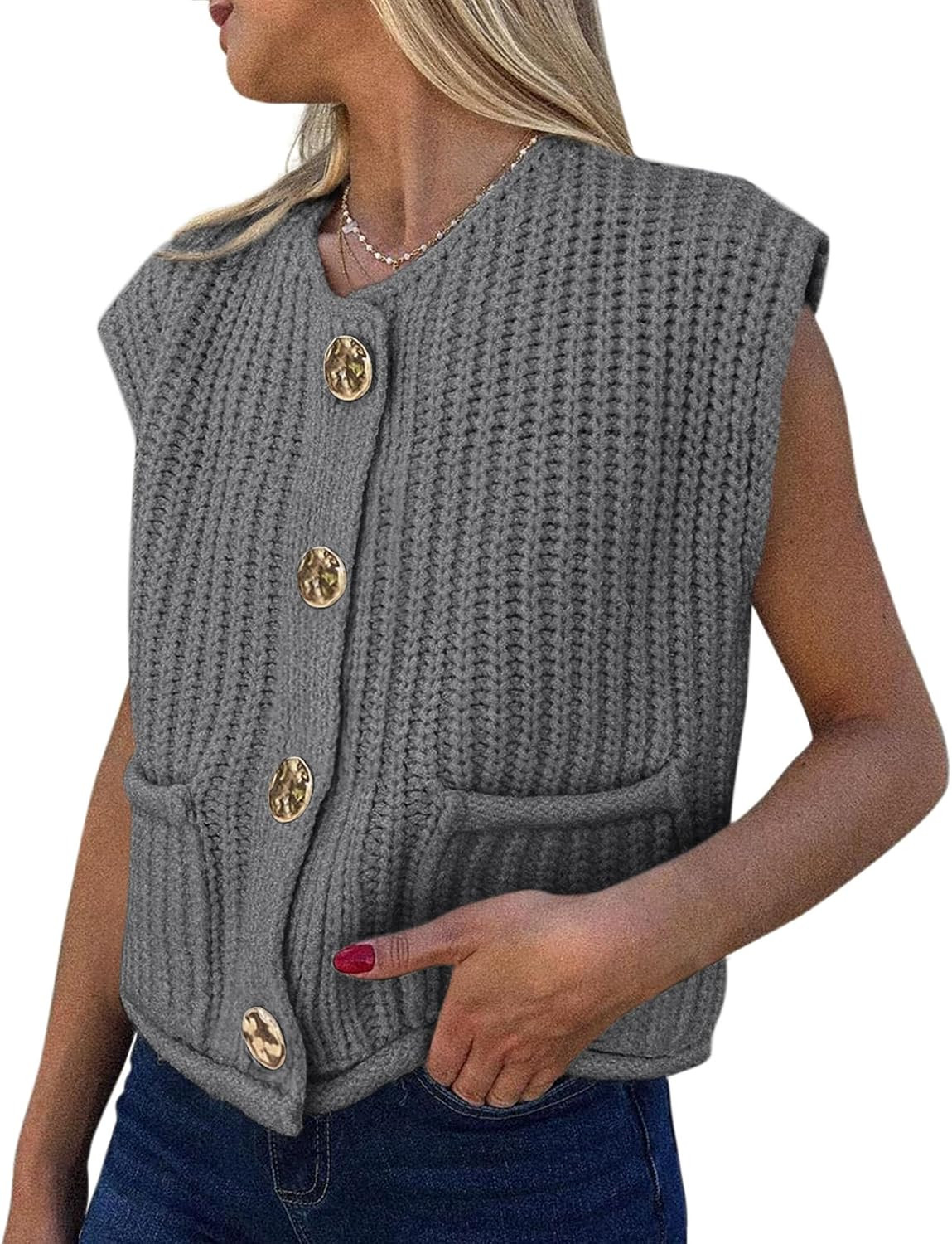 PRETTYGARDEN Women's Summer Sweaters Vest 2025 Sleeveless Button Down Cropped Pockets Chunky Knit Cardigan Trendy Tank Tops | Amazon (US)