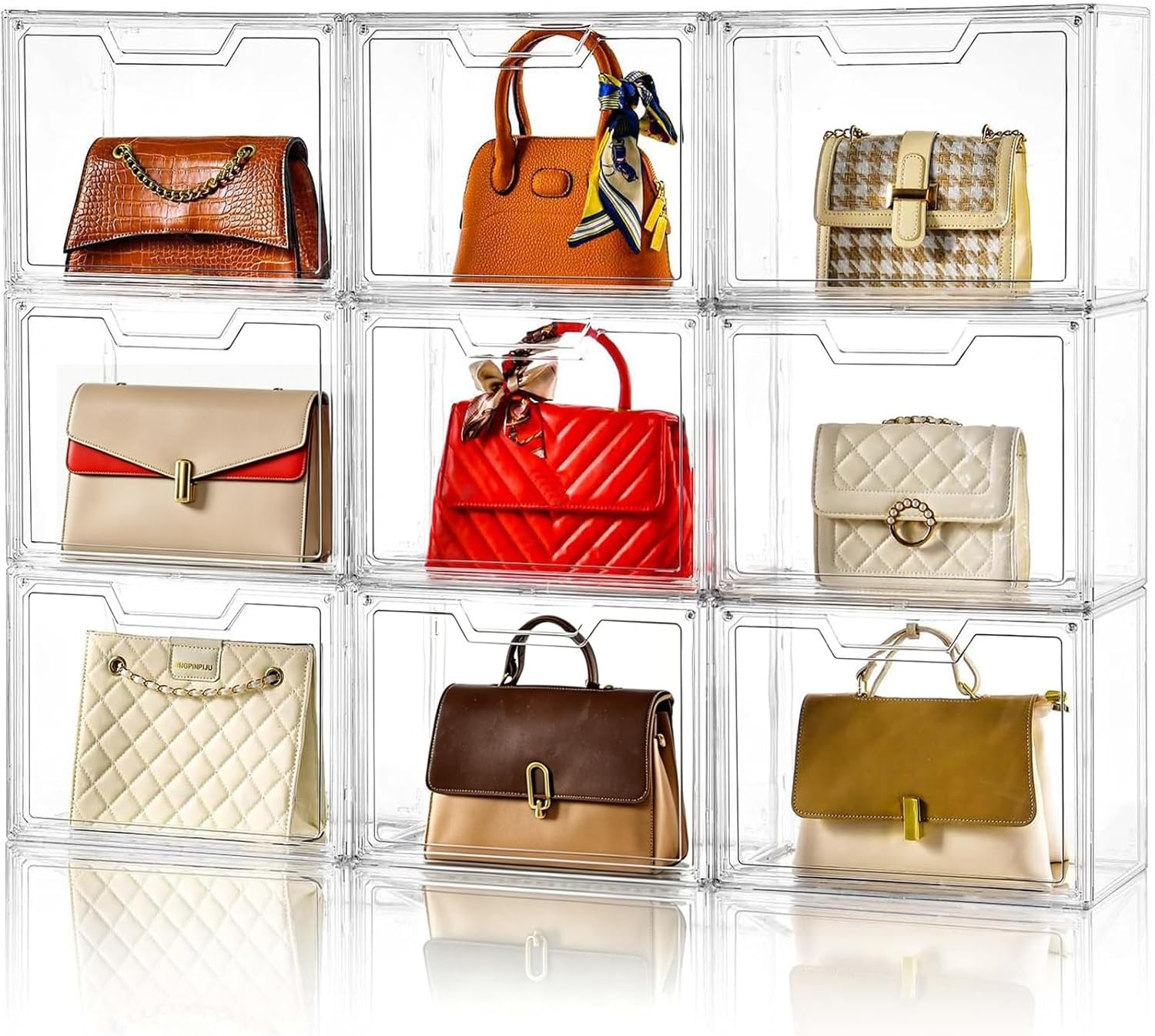 Purse Organizer for Closet,Clear Acrylic Display Case for Handbag Organizer, Purse Storage Box with Magnetic Door, Plastic Storage Bins for Book, Collectibles, Cosmetic (9 Pack) | Amazon (US)