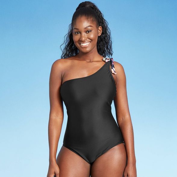 Women's One Shoulder Tie Medium Coverage One Piece Swimsuit - Kona Sol™ Black | Target