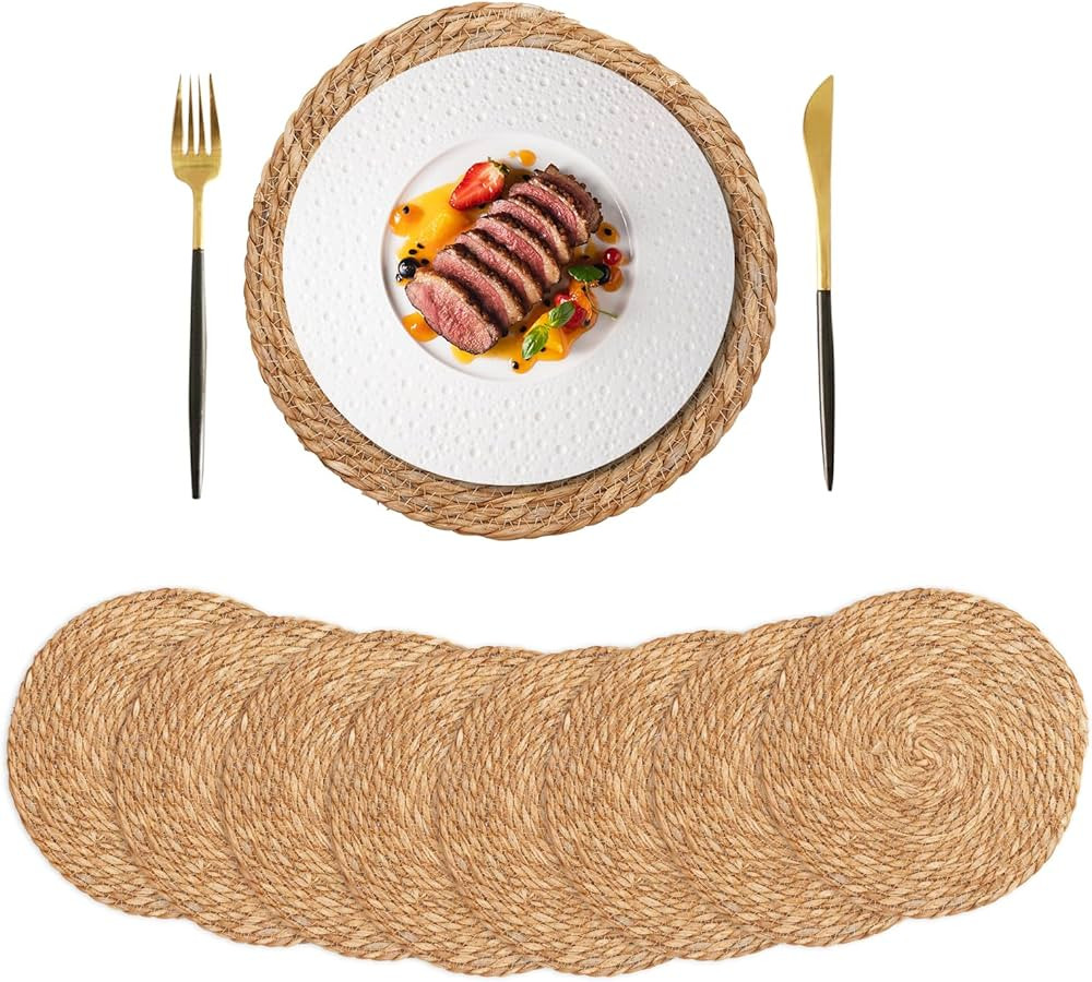 Round Woven Placemats Set of 8, Natural Water Hyacinth Boho Placemats, 12 Inch Rattan Chargers fo... | Amazon (US)