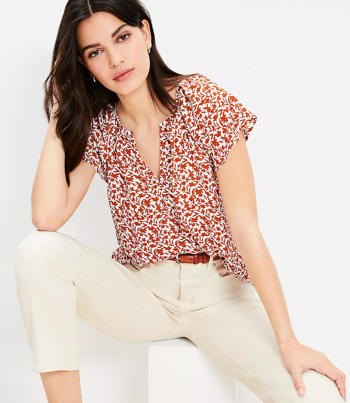 Petite Shadow Floral Flutter Sleeve Mixed Media Shell | LOFT