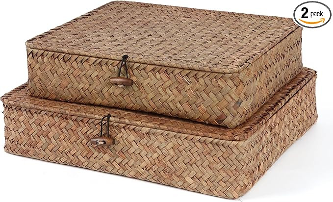 Flat Wicker Shelf Baskets with Lid, Handwoven Seagrass Basket Boxes for Storage Baskets Bins Home... | Amazon (US)