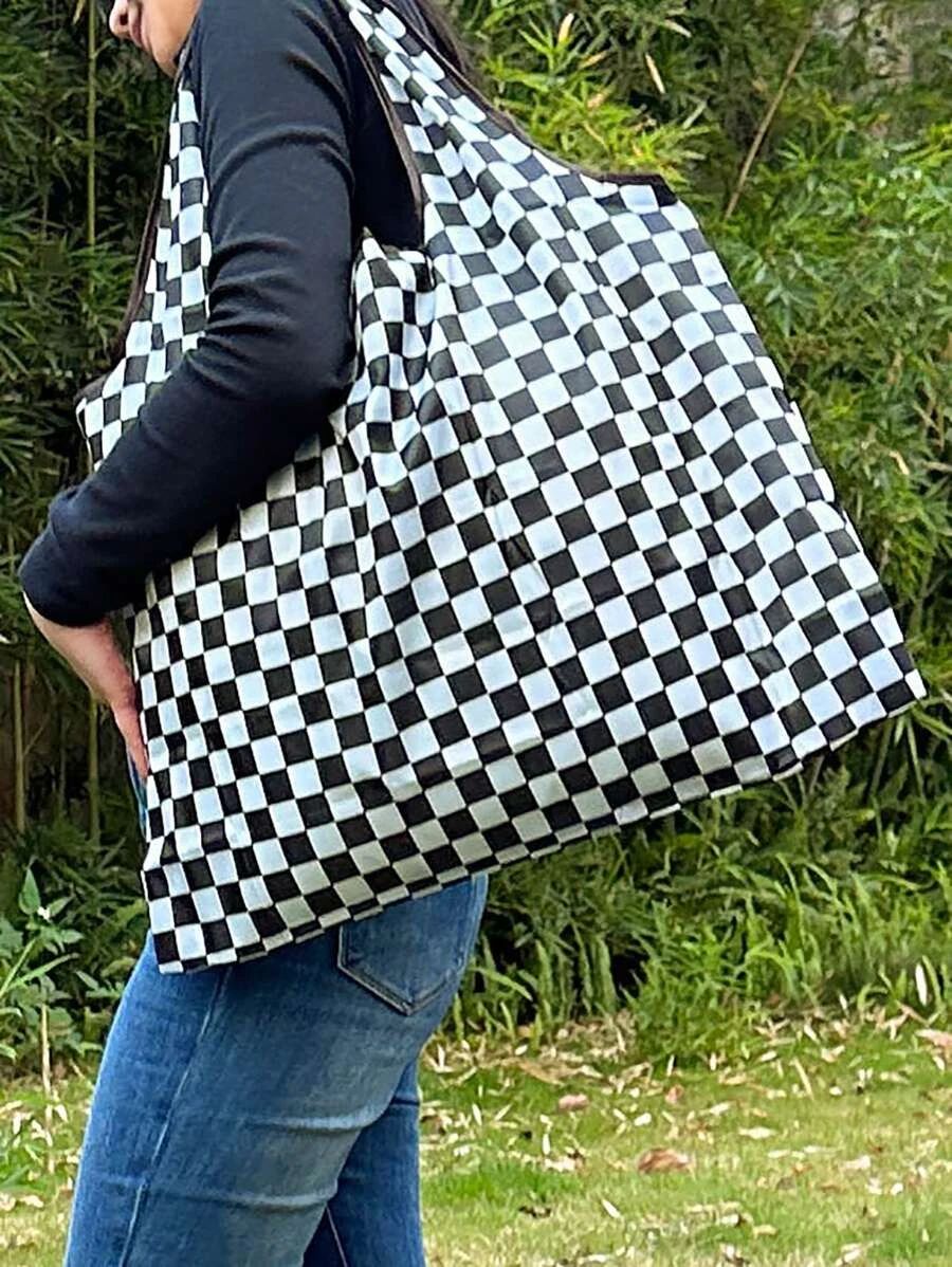 Large Tote Shopper Bag Waterproof Foldable Casual Checkerboard For Shopping Camping Picnic SKU: s... | SHEIN