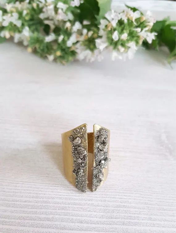 Pyrite Ring Mineral Ring Statement Ring Statement Jewelry Adjustable Ring for Women Wide Band Gold R | Etsy (US)