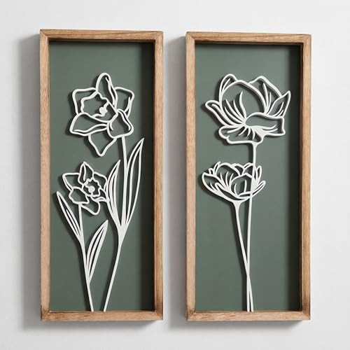 3D Floral Green Wall Art (Set of 2) Lightweight, Wooden Ready-to-Hang Boho Framed Wall Art for Ba... | Amazon (US)