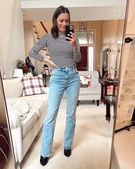 Winter outfit - Abercrombie flare jeans (true to size), striped top (runs tts to small), black boots (size up 1/2) 

#LTKSeasonal #LTKstyletip #LTKxAF