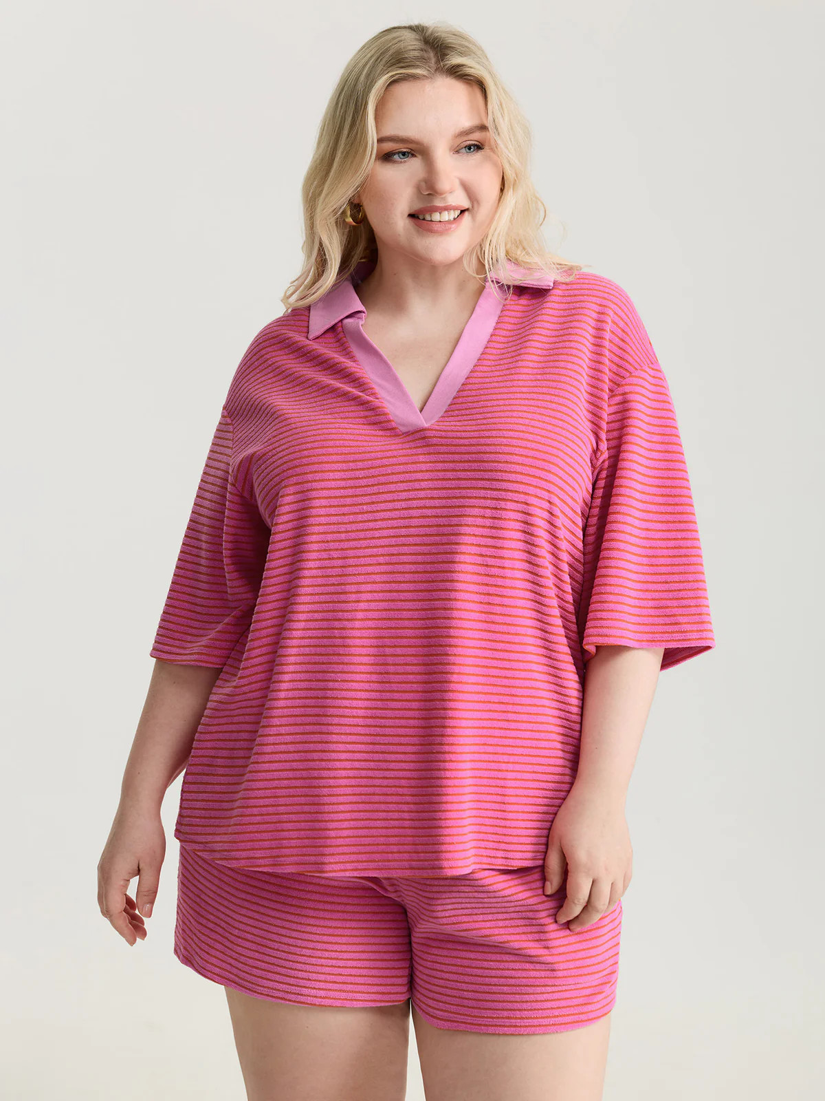 Striped Color Contrast Collar Terry Cloth Two-Piece Set | Bloomchic