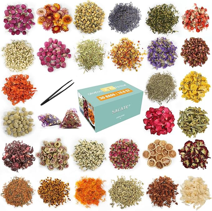 30 Bags Dried Flowers,100% Natural Dried Flowers Herbs Kit for Soap Making, DIY Candle Making,Bat... | Amazon (US)