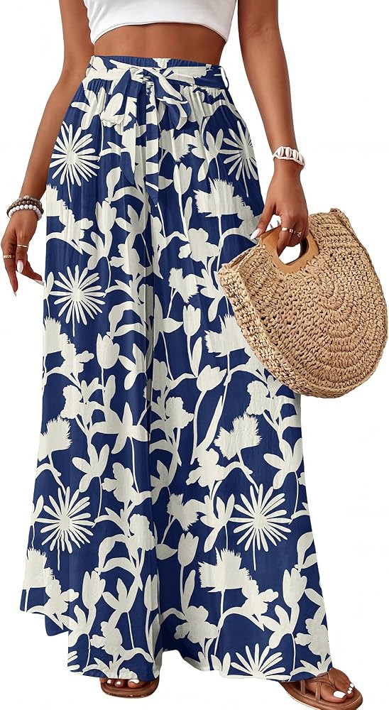 Bsubseach Women Wide Leg Pants Floral Flowy Palazzo Pants | Amazon (US)