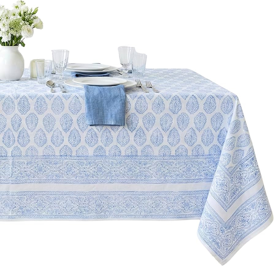 ATOSII Amalfi Blue 100% Cotton Boho Rectangle Fall Tablecloth, Handblock Print Table Cloth for Ki... | Amazon (US)