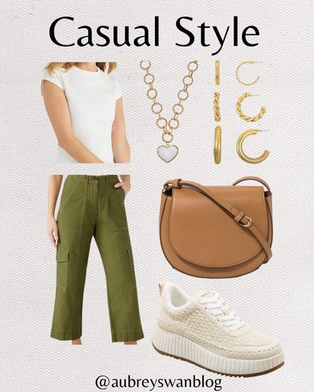 Casual style! All items are from Target and Walmart. Great outfit for running errands or everyday wear. 

Causal style, Walmart finds, Target finds, tan crossbody purse, heart necklace, gold hoop earrings, cream causal sneakers, green cargo pants, white tee, Free Assembly 