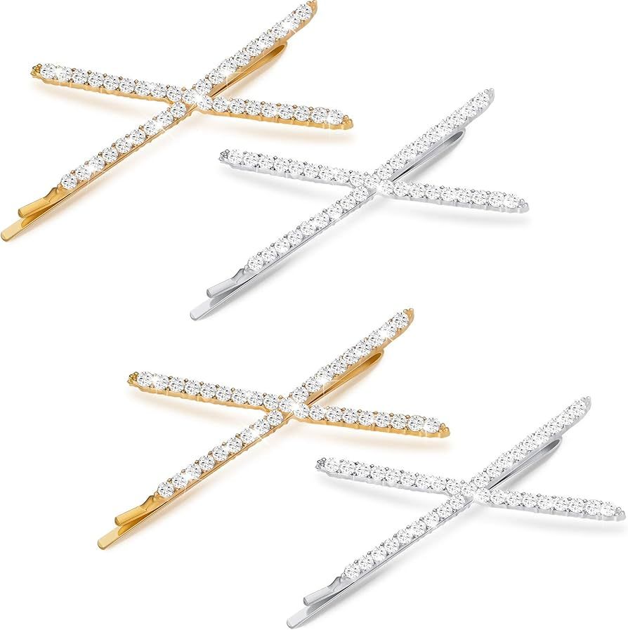 4 Pieces X Shaped Crystal Hair Pins Rhinestone Bobby Pin Metal Hair Clips Clear Crystal Hair Pin ... | Amazon (US)