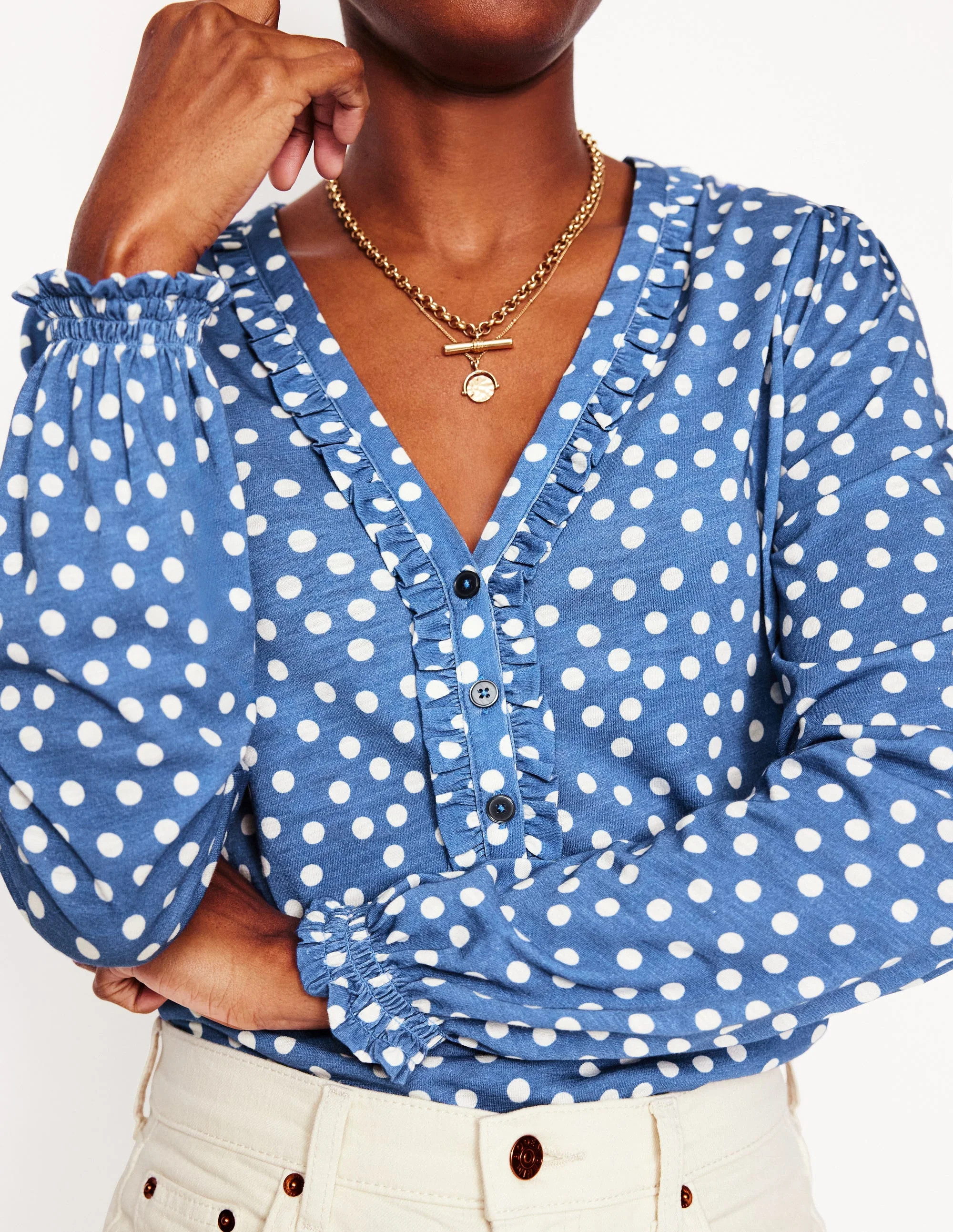 Poppy Ruffled Henley Top-Blue River, Abstract Spot | Boden (US)