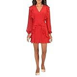 BCBGMAXAZRIA Women's Sheer Long Sleeve Mini Dress with Ruffles, Red, 8 | Amazon (US)