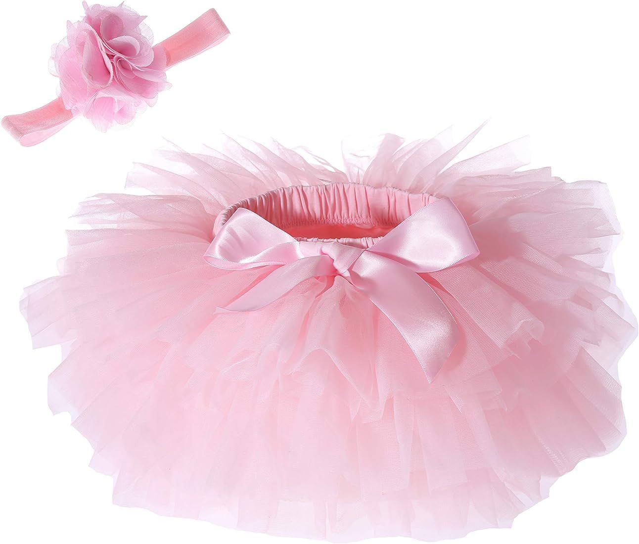Baby Girls Tutu Skirt Headband Set Toddler Ruffle Tulle Diaper Covers 6-24 Month | Amazon (US)